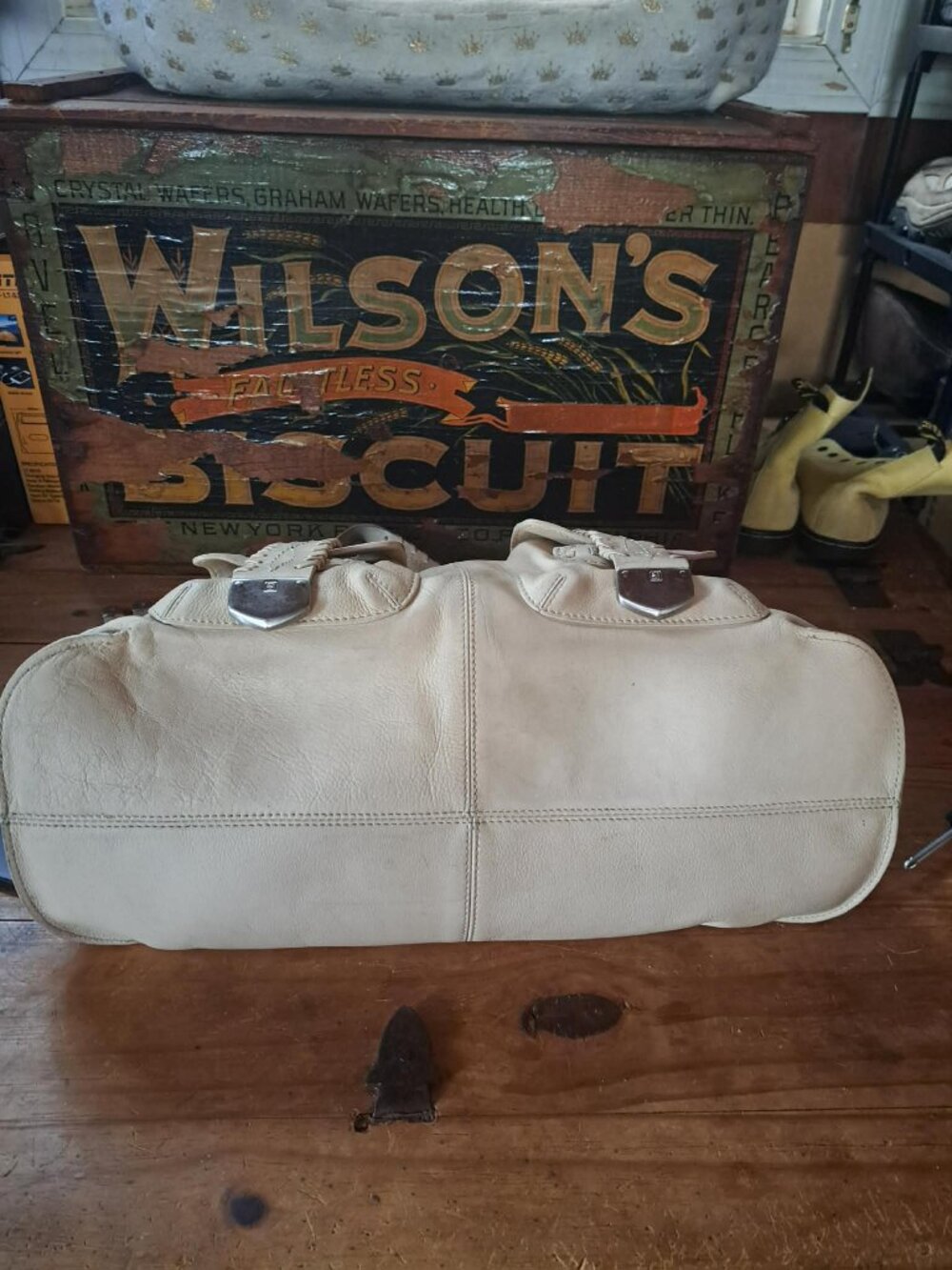 Michael Kors Western Boho Leather Satchel Shoulder Bag Cream Ivory Cargo Pockets - Picture 7 of 13